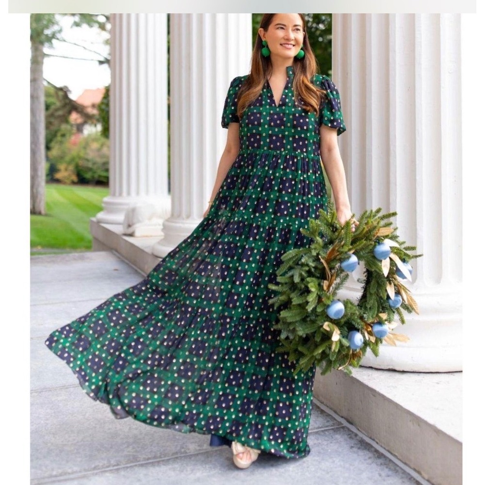 Sail to Sable x Style Charade Plaid Metallic Clip Dot Maxi Dress Green Navy XL